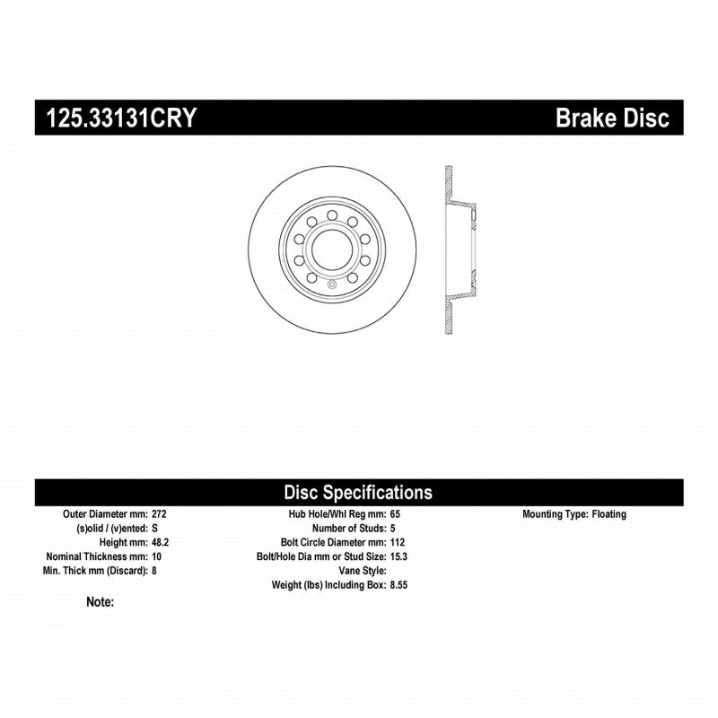 Stoptech 10-13 VW Golf/GTI/Jetta w/ 272mm Rear Disc Rear Premium High Carbon Cryo Brake Rotor