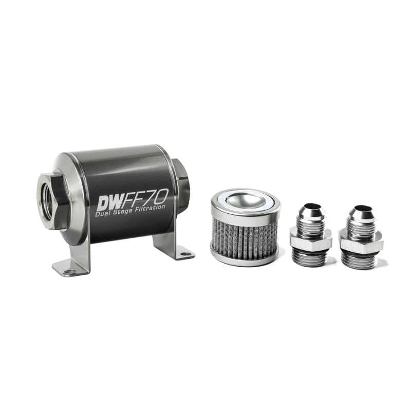 DeatschWerks Stainless Steel 8AN 10 Micron Universal Inline Fuel Filter Housing Kit (70mm)