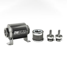 Load image into Gallery viewer, DeatschWerks Stainless Steel 5/16in 40 Micron Universal Inline Fuel Filter Housing Kit (70mm)